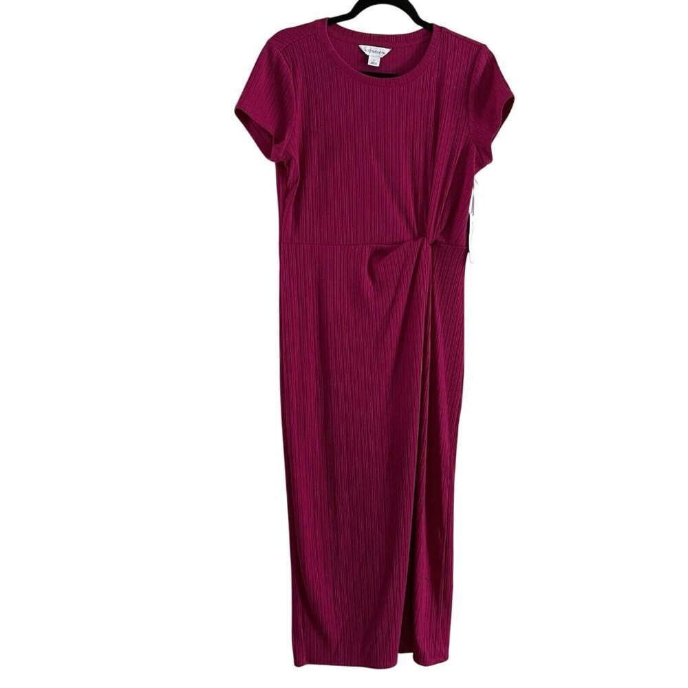 Liz Claiborne Women S Fuchsia Pink Short Sleeve Twist Side Maxi Sheath Dress NWT - Picture 2 of 13